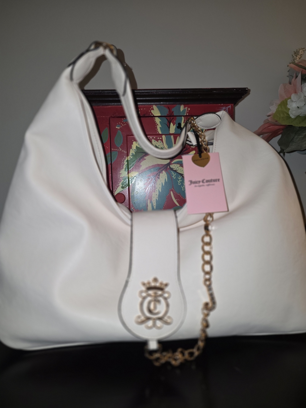 Juicy Couture White Shoulder Hobo Bag with Gold Chain Accent
